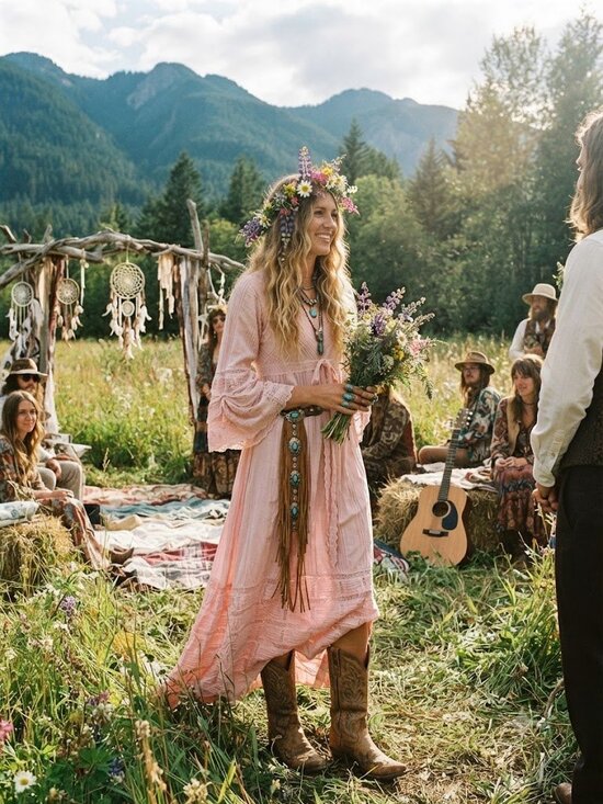 Handmade Dresses & Skirts - Vintage 70s Blush Pink Pintuck & Lace Bell Sleeve Prairie Maxi Dress